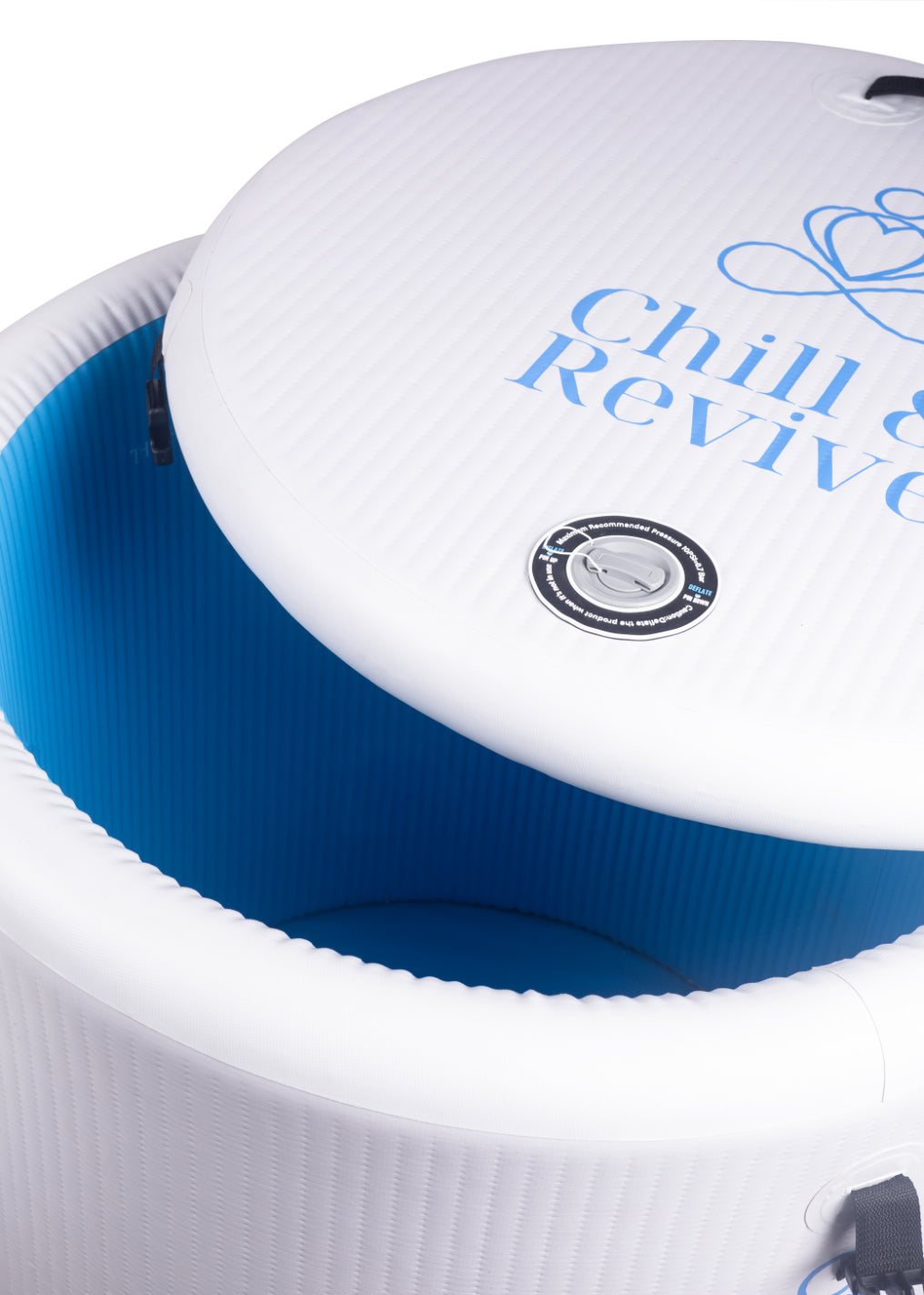 White and blue inflatable tub with 'Chill & Revive' branding on a white background